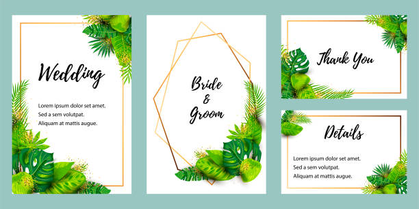 Wedding invitation set with exotic leaves. Wedding invitation set with exotic leaves. Vector illustration tropical template. Place for text. Great for flyer, party invitation, ecological concept, wedding, web. Save the date card. coconut borders stock illustrations