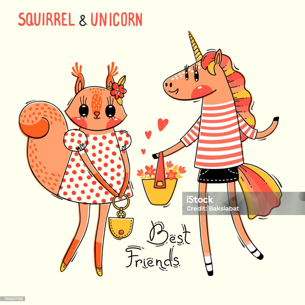 Cute Card With Best Friends Baby Squirrel And Rainbow Unicorn In ...