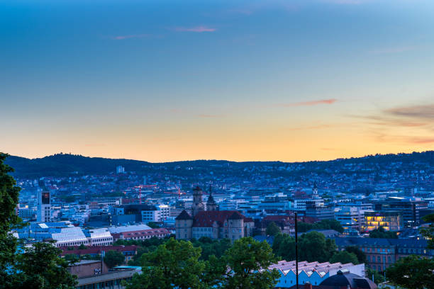istock Skyline of downtown stuttgart city centre after sunset from above eugensplatz viewpoint in summer 1154532056