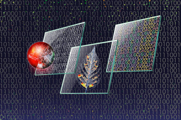 imagen de ingeniería genética y microarray de adn. el código binario y la vena y los códigos base de mrna se muestran en la pantalla de la oblea transparente. las células o moléculas están flotando. - microarray fotografías e imágenes de stock