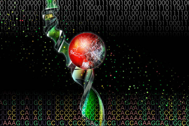 imagen de ingeniería genética y microarray de adn. hay una doble hélice de adn, una célula y una molécula, y el código base de mrna en el fondo. - microarray fotografías e imágenes de stock