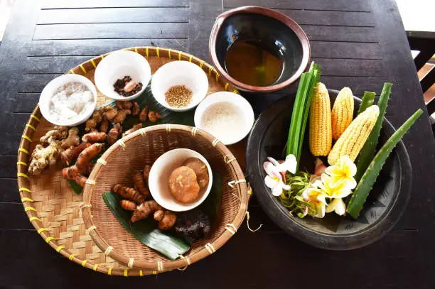 Photo of oriental spices and herb of traditional medicine on display, Bali