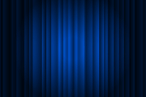 Closed silky luxury blue curtain stage background spotlight beam illuminated. Theatrical drapes. Vector gradient illustration eps 10