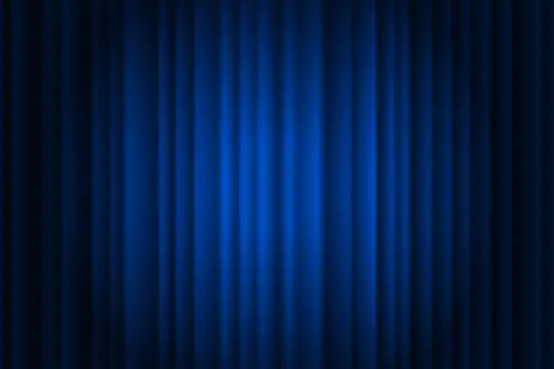 Vector illustration of Closed silky luxury blue curtain stage background spotlight beam illuminated. Theatrical drapes. Vector gradient illustration