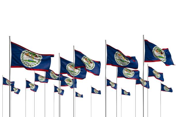 nice many Belize flags in a row isolated on white with empty space for your text - any celebration flag 3d illustration