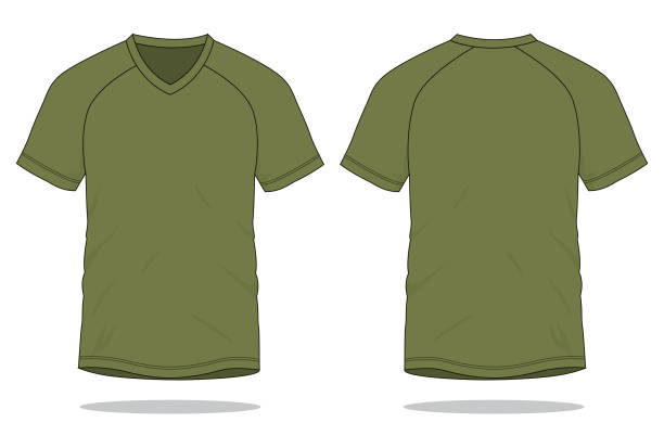 Army V-Neck Shirt Vector for Template Front and Back View olive green shirt stock illustrations