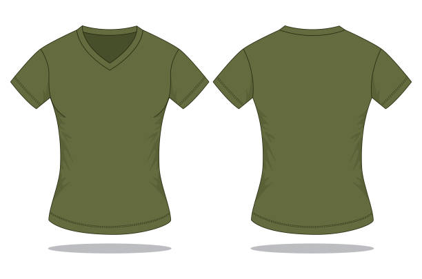 Women's Army V-Neck Shirt Vector for Template Front and Back View olive green shirt stock illustrations