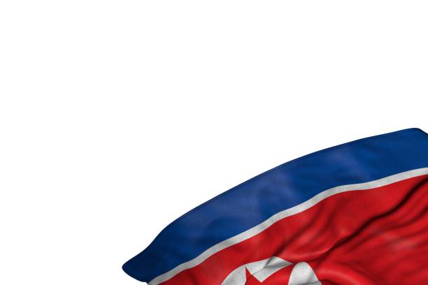 nice north korea flag with big folds lying in bottom right corner isolated on white - any holiday flag 3d illustration - democratic peoples republic of north korea imagens e fotografias de stock