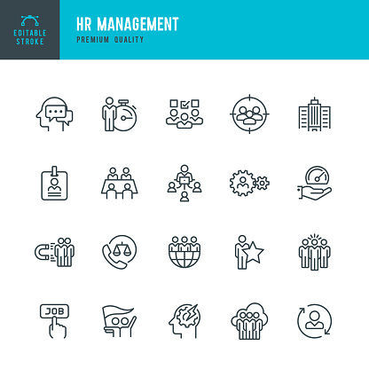 Set of 20 Human Resource Management line vector icons. Human Resources, Management, Teamwork, Global Business, Labor Union and so on.