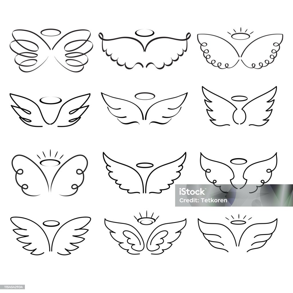 Angel Wings Drawing Vector Illustration Winged Angelic Tattoo Icons Wing  Feather With Halo Artistic Artwork Sketch Stock Illustration - Download  Image Now - iStock