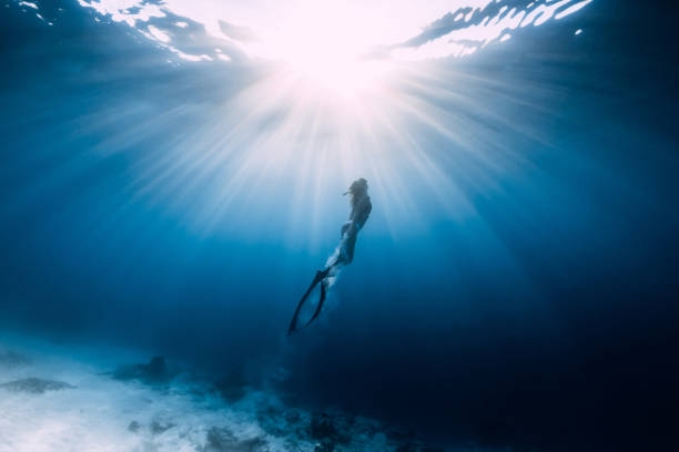 Woman freediver glides over sandy sea with fins Woman freediver glides over sandy sea with fins scuba diving photos stock pictures, royalty-free photos & images