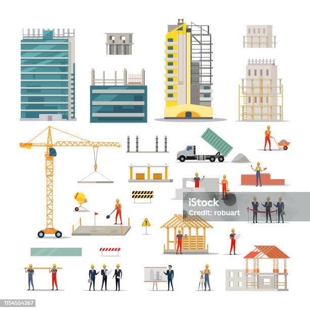 건물 건설에 다양 한 작품의 종류 건설 현장에 대한 스톡 벡터 아트 및 기타 이미지 - 건설 현장, 건설 산업, 비계