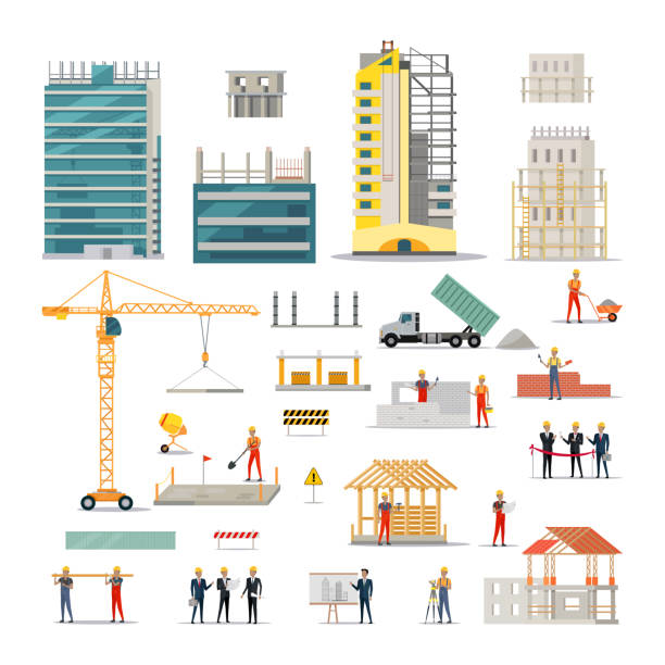 Building. Kinds of Various Works on Construction Building. Kinds of various works on construction. Construction house, worker doing different kinds of work, investor discussing plan. Industrial crane lifting element. Flat design. Vector illustration construction industry illustrations stock illustrations