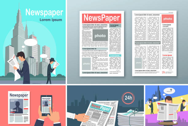 Newspapers. News is Available 24 h Concept Banners Newspapers. News is Available 24 h Concept Banners Set. People read newspapers in big cities. Source of information. Person reading newspaper in cafe. Newspapers in your phone. Vector illustration. political joke stock illustrations