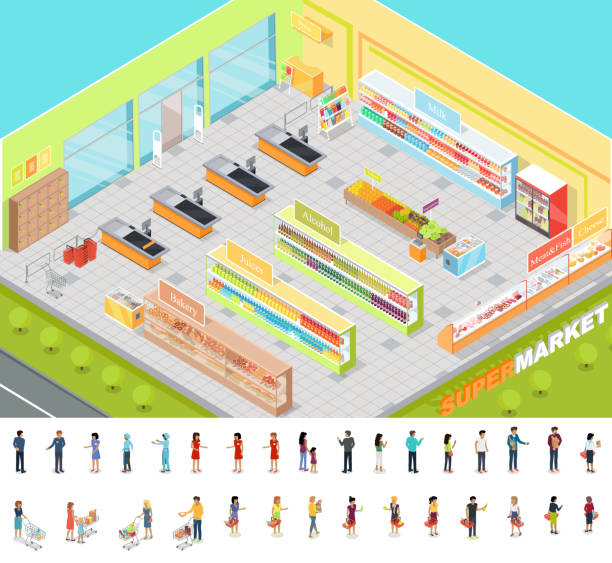 Supermarket Interior in Isometric Projection. 3D Supermarket interior in Isometric projection. 3D illustration of big trading room with product sections shelves, goods, customers, personnel, sellers, cashes. Consumers and sellers editable isolated supermarket drawings stock illustrations