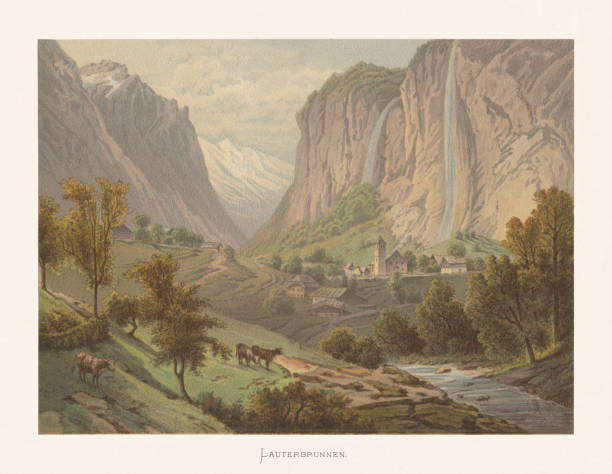 исторический вид лаутербруннен, бернский оберланд, швейцария, хромолитограф, опубликованный около.1872 - staubbach falls stock illustrations