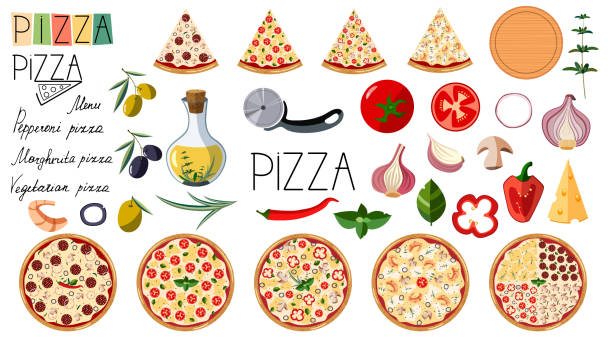 ilustraciones, imágenes clip art, dibujos animados e iconos de stock de pizza de gran conjunto. - vegetarian pizza