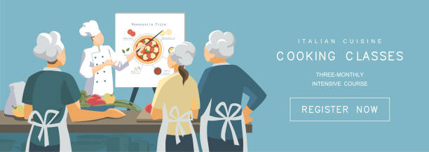 illustrations, cliparts, dessins animés et icônes de cours de cuisine - chef men one person cooking