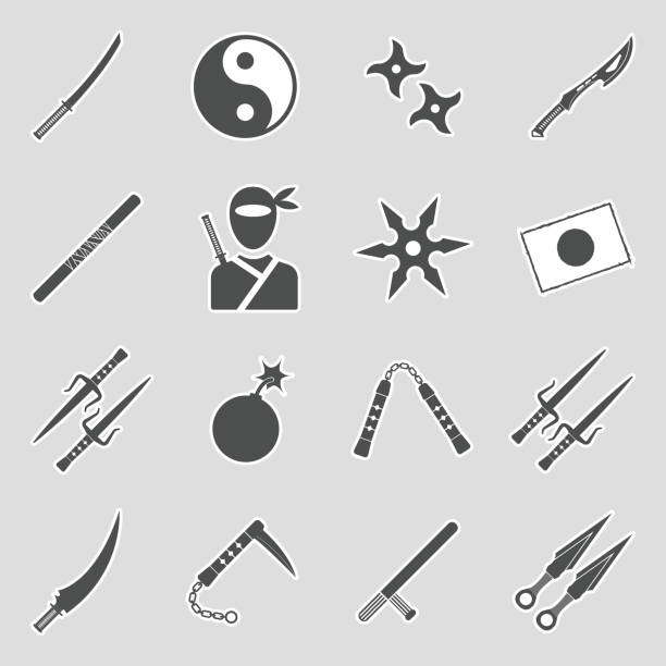 ilustrações de stock, clip art, desenhos animados e ícones de ninja icons. sticker design. vector illustration. - nunchaku