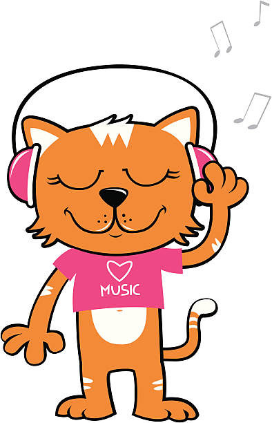cat listening music vector art illustration