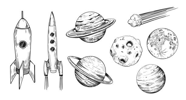 Set of space objects: planets, stars. Hand drawn vector Set of space objects: planets, stars. Hand drawn vector moon drawings stock illustrations