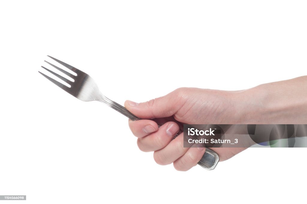 Fork Sign Hand Hand Holding A Silver Fork On An Isolated White Background Stock Photo ...