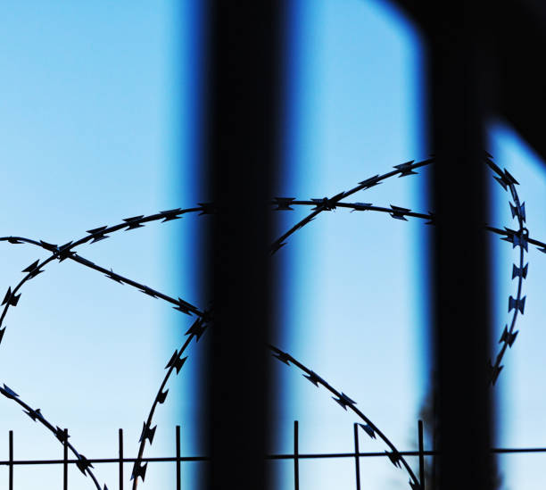 istock Sharp barbed razor wire fence seen through prison bars 1154566245