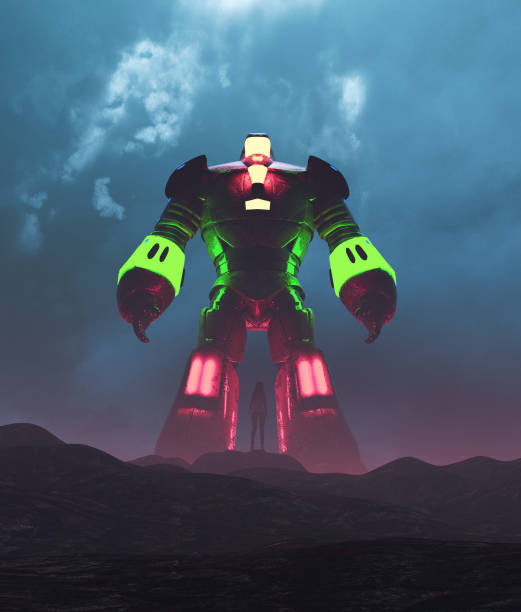 Woman looking to a giant robot in front of her,3d illustration