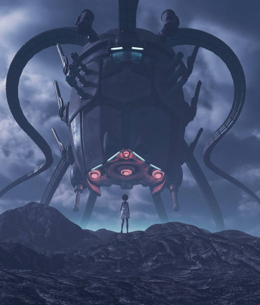 istock Girl looking to a giant alien ship 1154566421