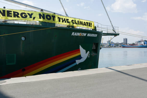 Greenpeace Rainbow Warrior sailing ship at the Port of Burgas, Bulgaria. Greenpeace is a non-governmental environmental organization with offices in over 39 countries Burgas, Bulgaria - June 7, 2019: Greenpeace Rainbow Warrior sailing ship at the Port of Burgas, Bulgaria. Greenpeace is a non-governmental environmental organization with offices in over 39 countries. greenpeace activists stock pictures, royalty-free photos & images