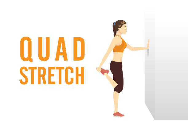 Woman doing Quadriceps Stretch while standing and still balance. Woman doing Quadriceps Stretch while standing and still balance by reaching arms on a wall. legs against the wall stock illustrations