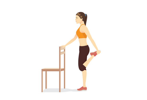 illustrazioni stock, clip art, cartoni animati e icone di tendenza di donna che fa kneeling quad stretch sul tappetino da allenamento e raggiungendo la mano verso la sua parte anteriore. - exercising sport cartoon male