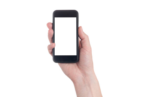 istock Hand holding black Smartphone with blank screen on white backgroun. 1154569444