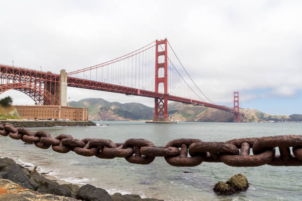 istock Old rusty chain with the Golden Gate bridge in the background 1154573926