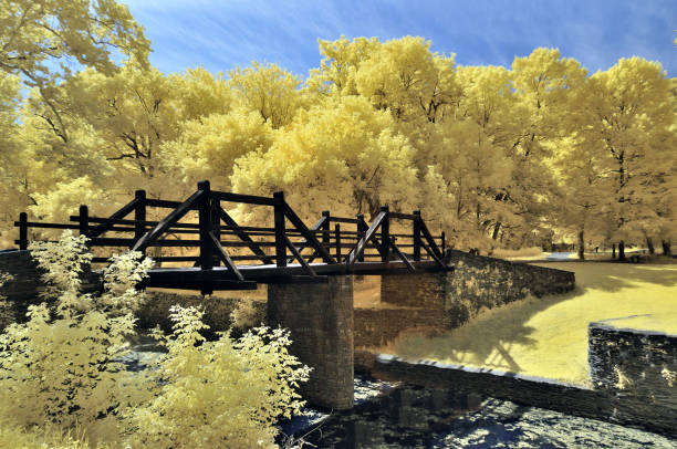 An IR color swapped rendition of the virginius island pedestrian bridge across an old canal in the harpers ferry national historical park.