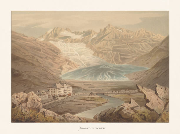 ilustrações, clipart, desenhos animados e ícones de geleira de rhône, cantão de valais, switzerland, chromolitograph, ca publicado. 1872 - glacier mountain ice european alps