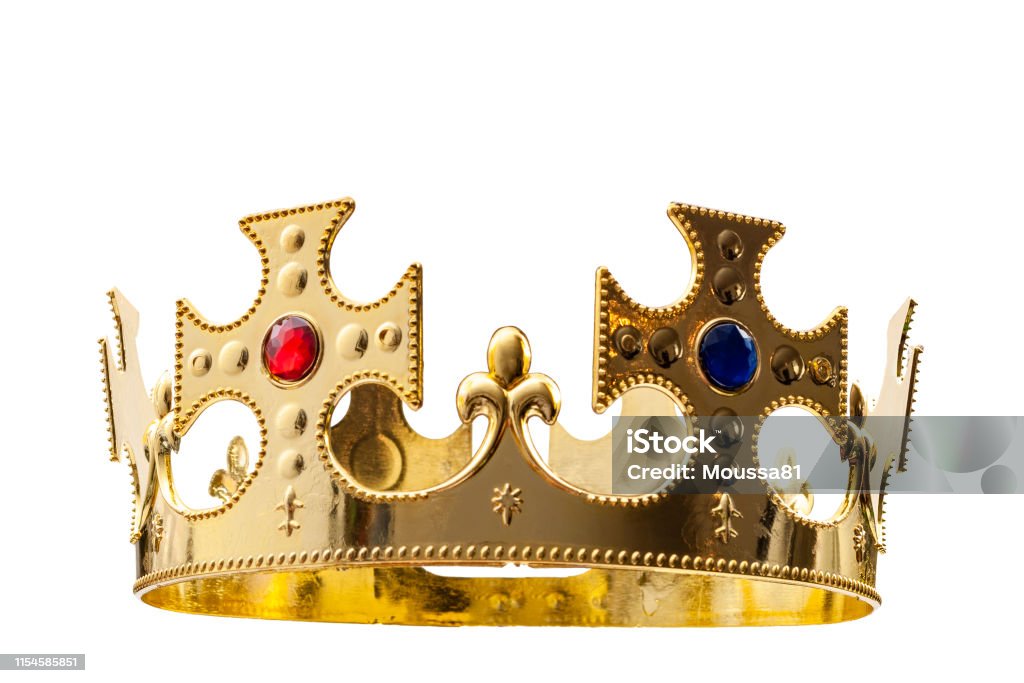 Royal gold, regal attire and royalty concept theme with a king s golden crown isolated on white background with a clip path cutout Royal gold, regal attire and royalty concept theme with a king s golden crown isolated on white background with a clipping path cut out Crown - Headwear Stock Photo