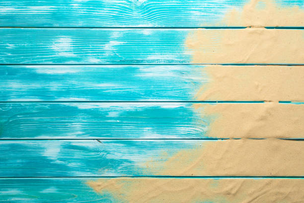 Sea sand on blue wooden floor,Top view with copy space