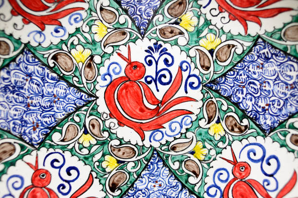 Handmade colourful ceramic pottery  selling at street stall in Rishton, Uzbekistan
