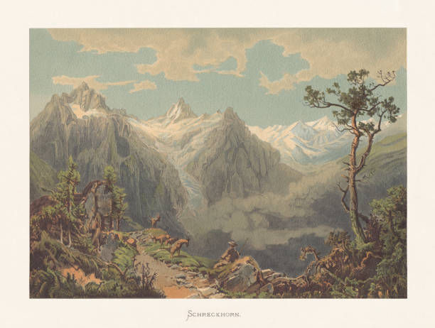 illustrazioni stock, clip art, cartoni animati e icone di tendenza di schreckhorn, alpi bernesi, svizzera, cromotiografo, pubblicato nel 1872 circa - european alps switzerland glacier high angle view