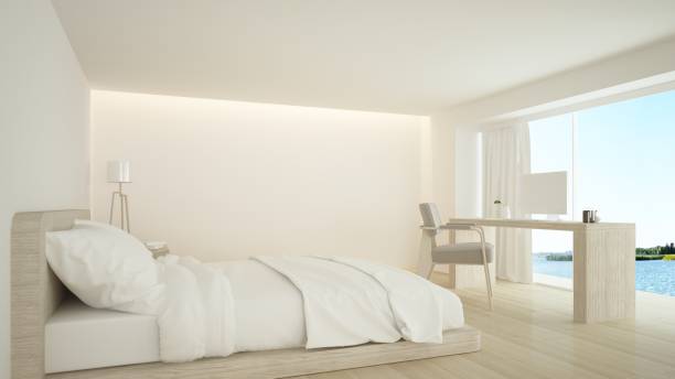 istock The interior minimal hotel bedroom space 3d rendering and nature view background 1154591511