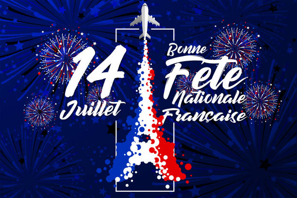 '14 Juillet - Bonne Fête Nationale Français' is the words for celebrate French Bastille Day in 14th July '14 Juillet - Bonne Fête Nationale Français' is the words for celebrate French Bastille Day in 14th July - The smoke of aircraft transform to Eiffel Tower with the colour of Blue White and Red bastille day stock illustrations