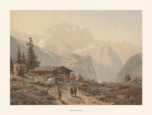 Jungfrau, peak of the Bernese Alps, Switzerland, chromolithograph, published ca.1872 Jungfrau - 3rd highest (4.158 metres - 13.642 ft) peak of the Bernese Alps, Switzerland. Chromolithograph after a watercolor by Ludwig Robock (German painter, 1824 - 1893), published ca. 1872. jungfrau stock illustrations