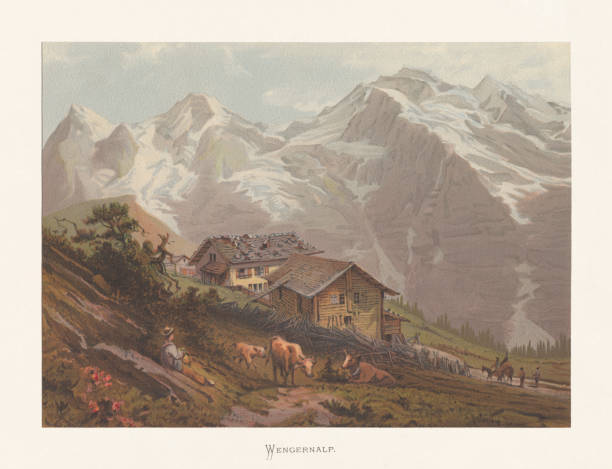 ilustrações de stock, clip art, desenhos animados e ícones de wengernalp in the bernese alps, switzerland, chromolithograph, published ca.1872 - swiss culture european alps mountain eiger