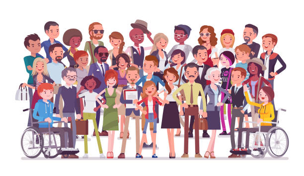 Diverse group of people full length portrait Diverse group of people full length portrait. Members of different nations, various age, sex, health, social class, standing together. Vector flat style cartoon illustration isolated, white background disabled adult stock illustrations