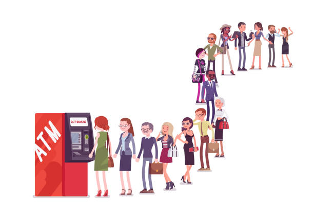 ilustrações de stock, clip art, desenhos animados e ícones de group of people queuing in a line near atm - waiting in line people in a row in a row people