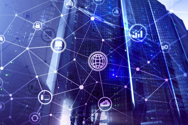 istock ICT - information and telecommunication technology and IOT - internet of things concepts. Diagrams with icons on server room backgrounds. 1154609269