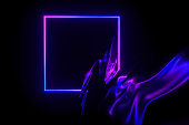 Neon glowing frame on flowing silk background 3d illustration