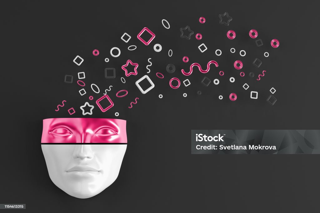 Le masque de la tête d’une femme sur le mur avec des formes géométriques éclatantes volant dans des directions différentes. illustration 3D - Photo de Art libre de droits
