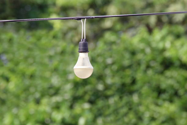 istock Light bulb hanging on the cord electric wire line cable with green nature tree bokeh lighting background 1154614774